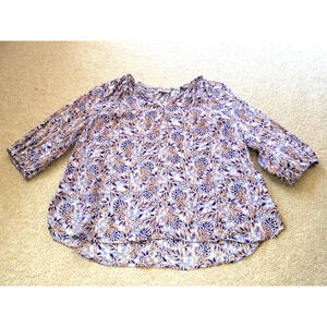 Womens Top-J. JILL LOVE LINEN-blue/purple/brwn floral linen BOHO tunic 3/4 sl-XL